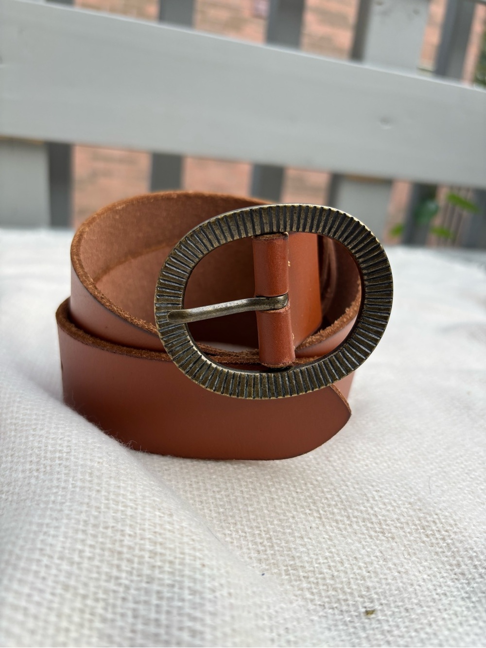 Lucky Brand Tan Leather Belt with Textured Oval Brass Buckle